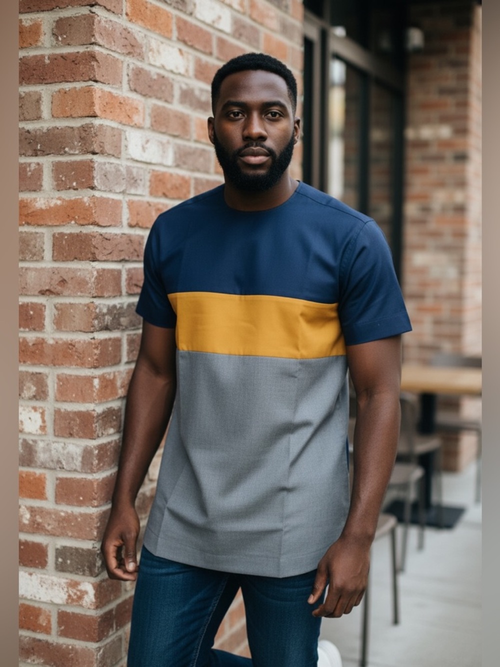 Men’s African Tailored Colorblock Shirt Blue Gray Size L(43)  (003)